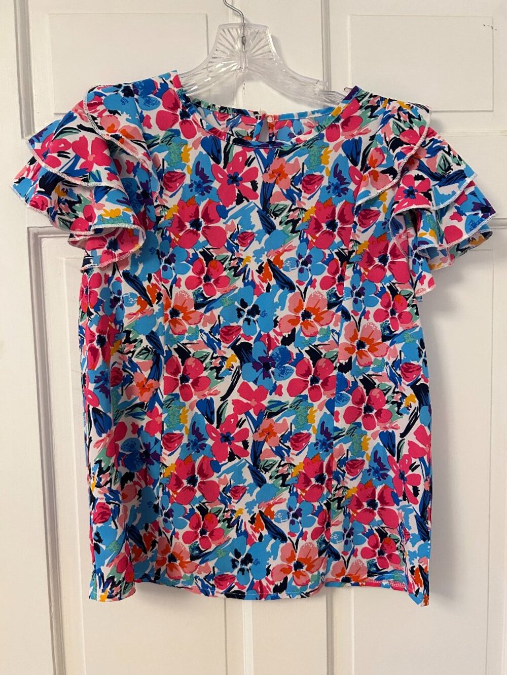 Multi Colored Floral Blouse with Ruffle Sleeves Size Small